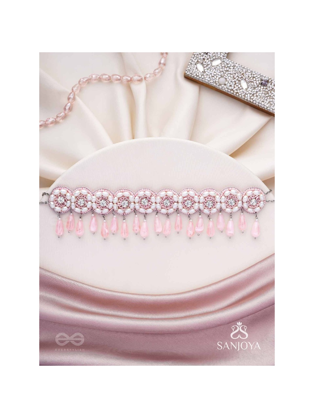 Aravindini - The Love Rose - Stone, Beads And Glass Drops Hand Embroidered Neckpiece