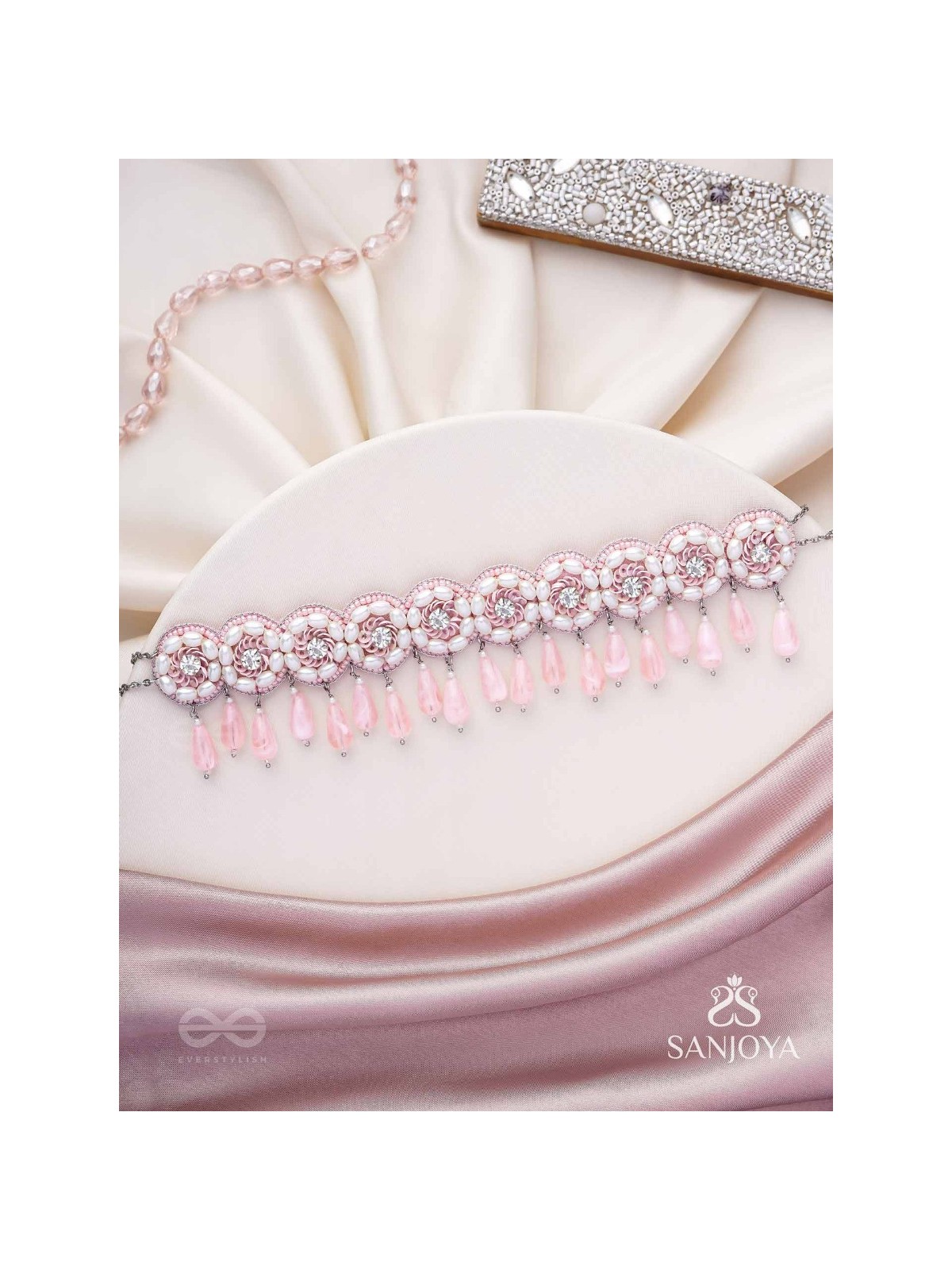 Aravindini - The Love Rose - Stone, Beads And Glass Drops Hand Embroidered Neckpiece