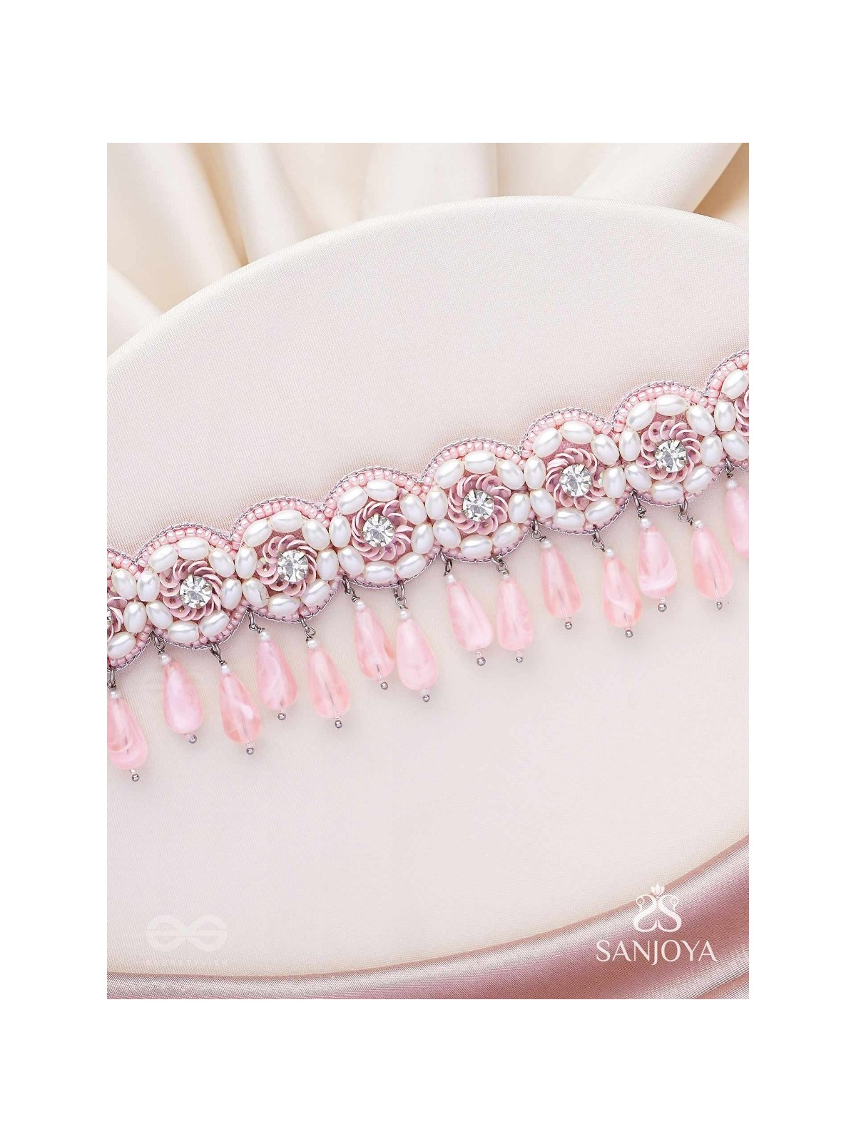 Aravindini - The Love Rose - Stone, Beads And Glass Drops Hand Embroidered Neckpiece