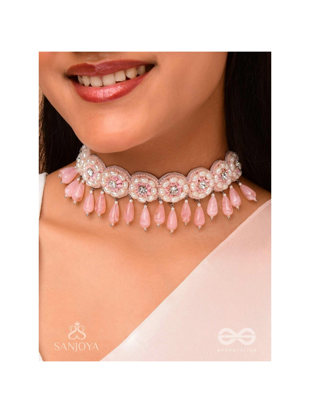 Aravindini - The Love Rose - Stone, Beads And Glass Drops Hand Embroidered Neckpiece