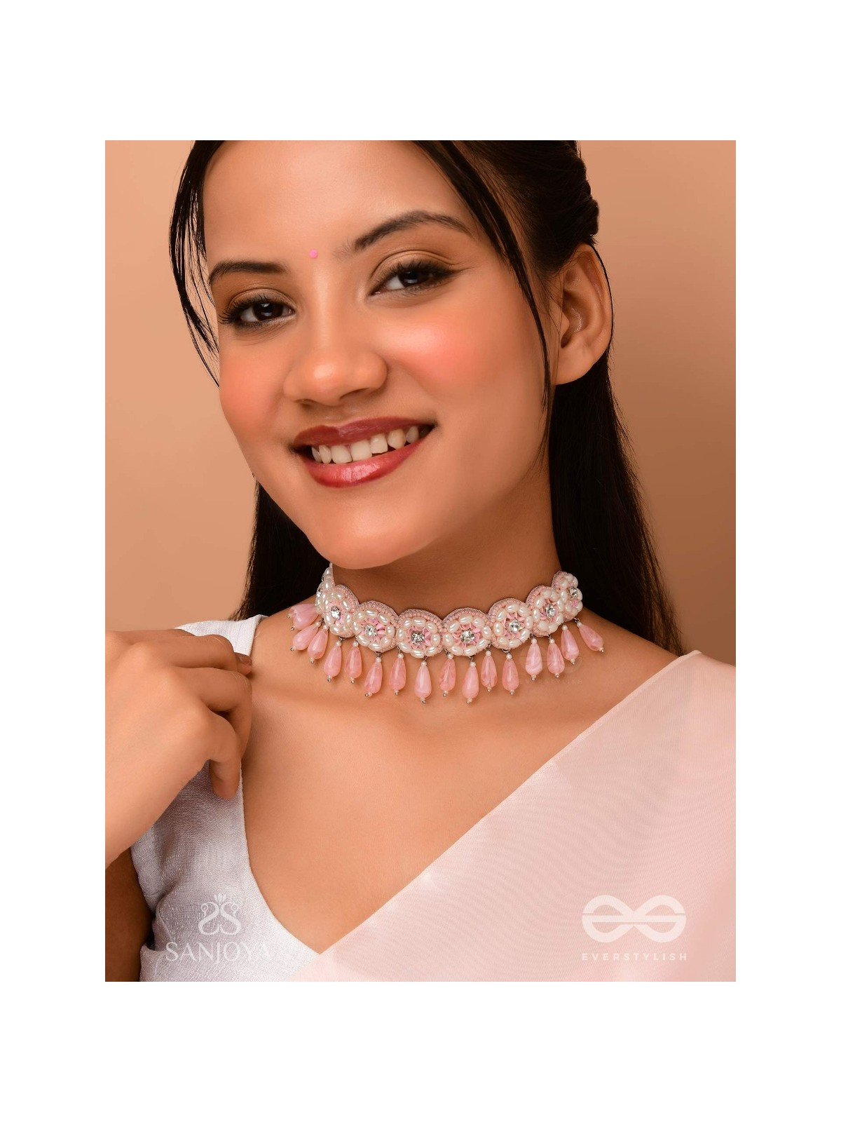 Aravindini - The Love Rose - Stone, Beads And Glass Drops Hand Embroidered Neckpiece