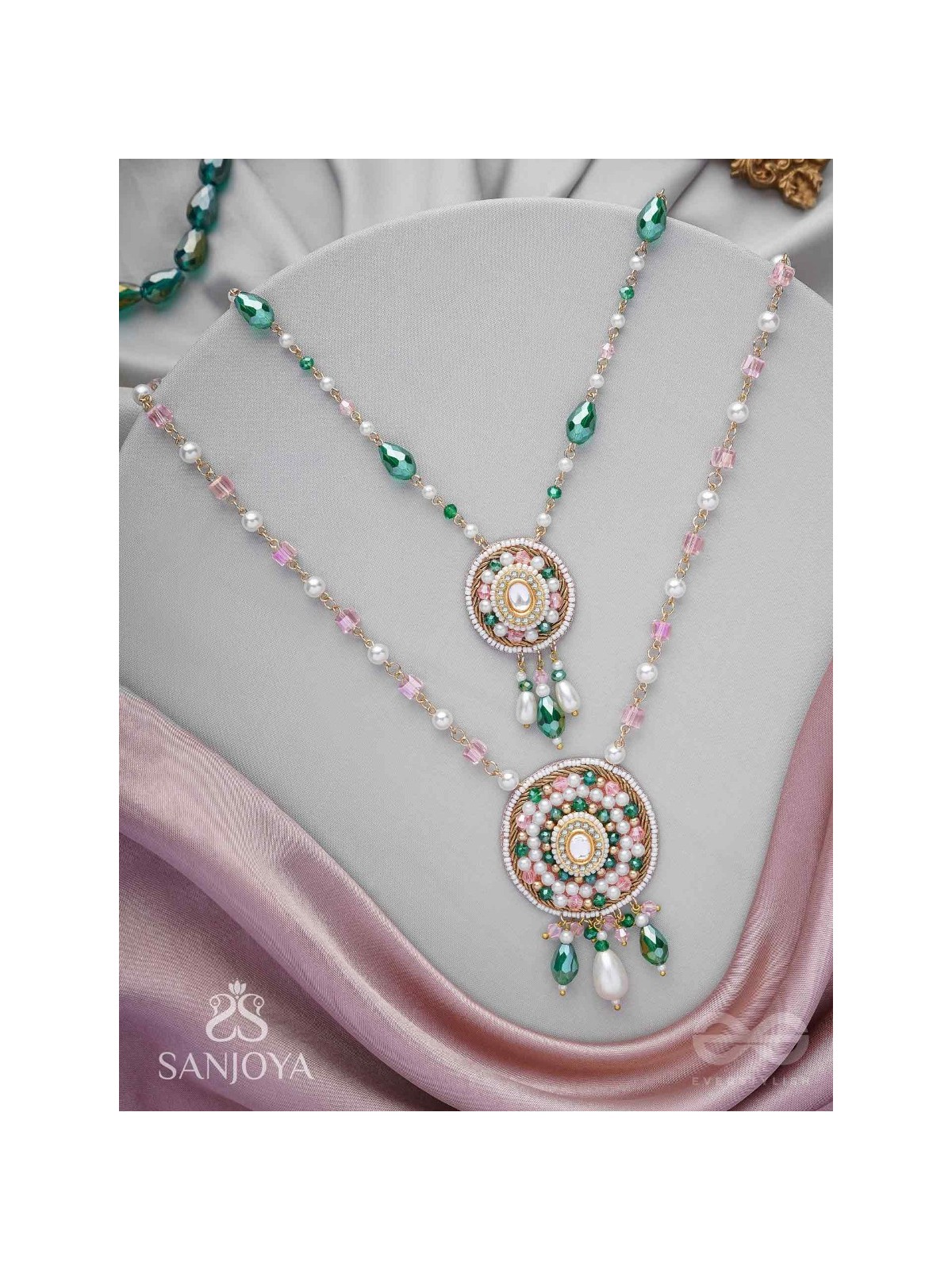 Madana - Season Of Spring - Beads, Glass Drops, Polki And Kundan Finished Hand Embroidered Neckpiece