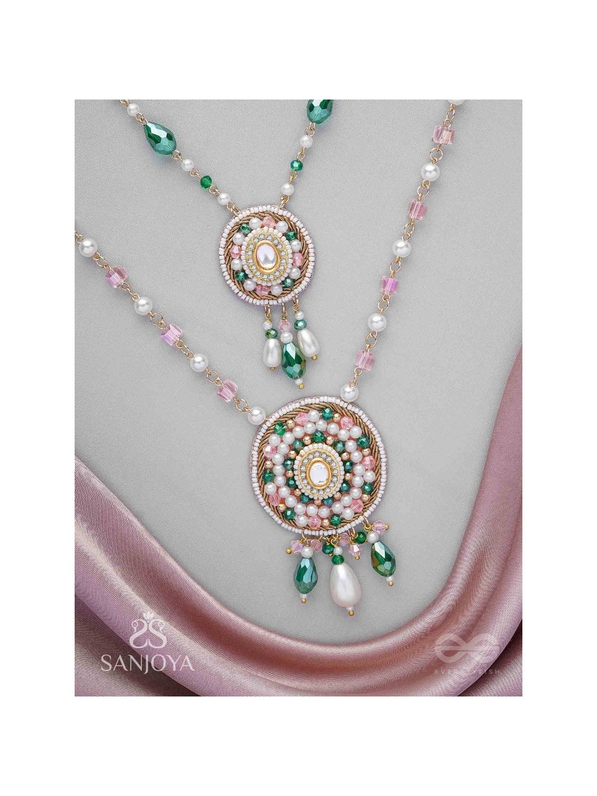 Madana - Season Of Spring - Beads, Glass Drops, Polki And Kundan Finished Hand Embroidered Neckpiece