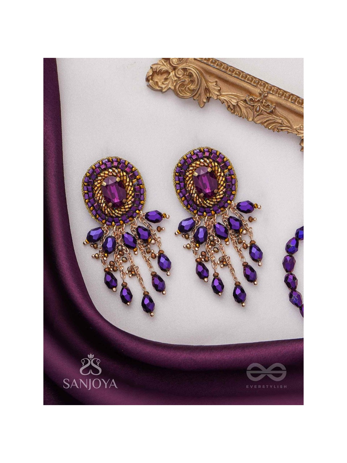 Anisam - The Shining Night - Stone, Beads And Glass Drops Hand Embroidered Earrings