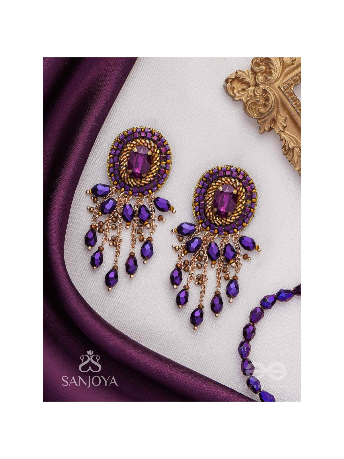Anisam - The Shining Night - Stone, Beads And Glass Drops Hand Embroidered Earrings