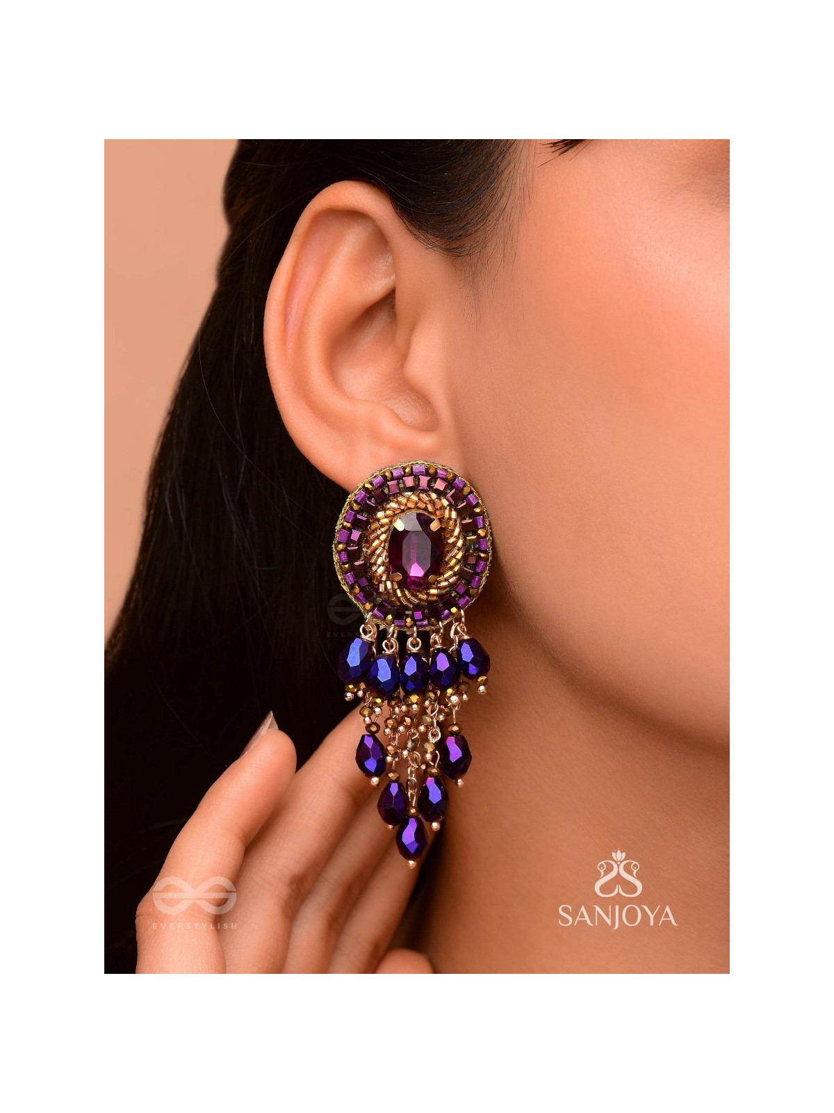 Anisam - The Shining Night - Stone, Beads And Glass Drops Hand Embroidered Earrings