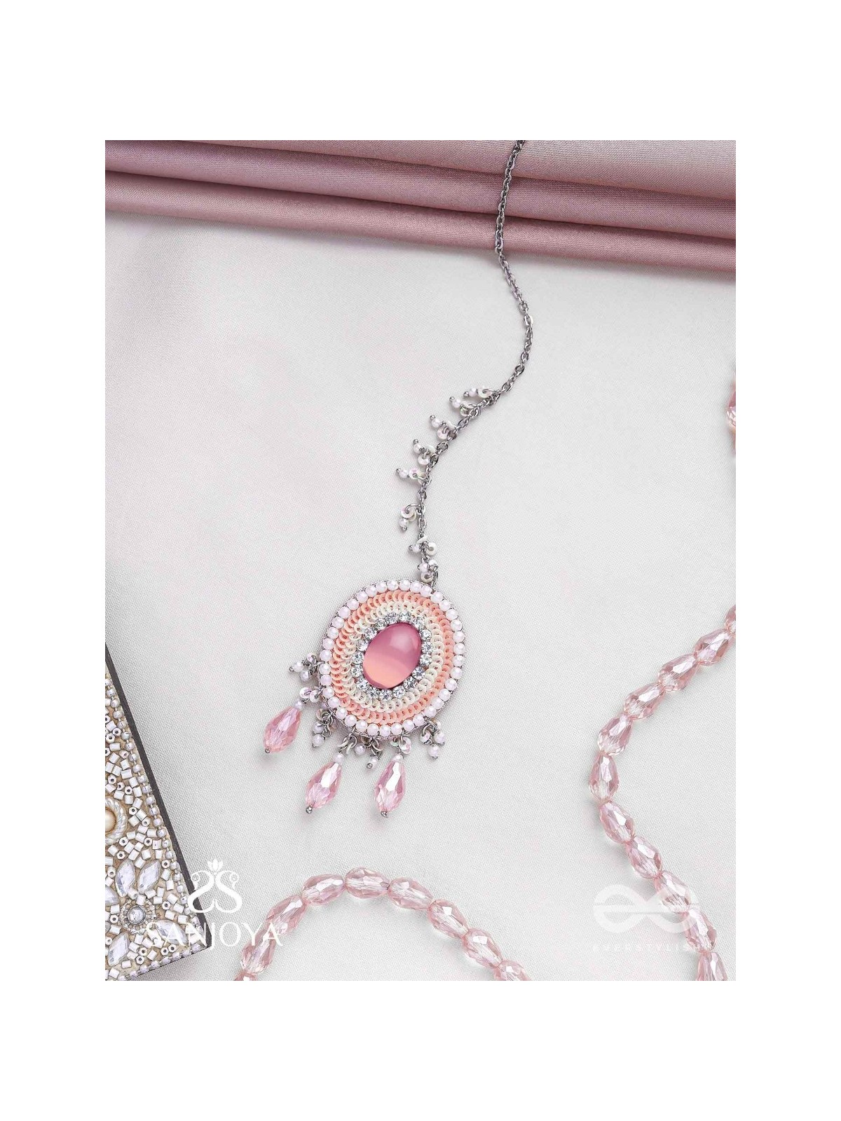 Alijihvika - The Sweet Mist - Stone, Sequins And Glass Drop Hand Embroidered Maangtika