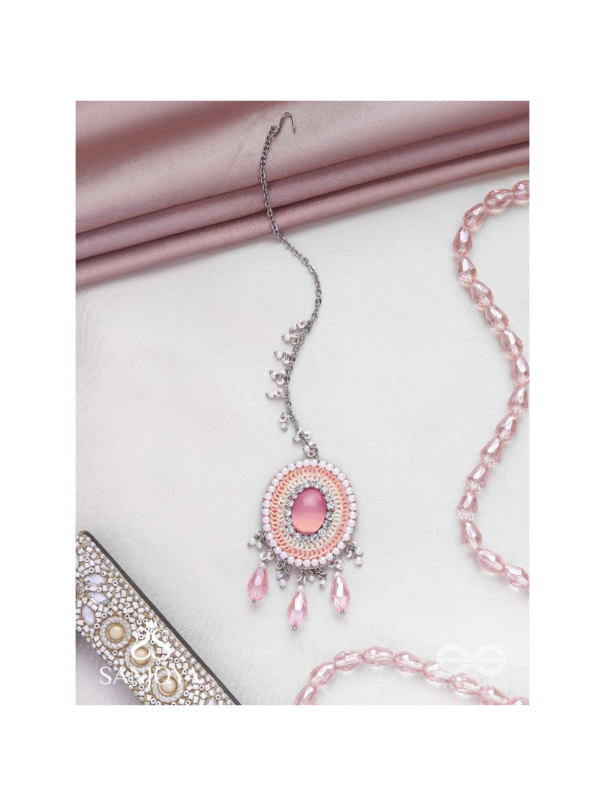 Alijihvika - The Sweet Mist - Stone, Sequins And Glass Drop Hand Embroidered Maangtika