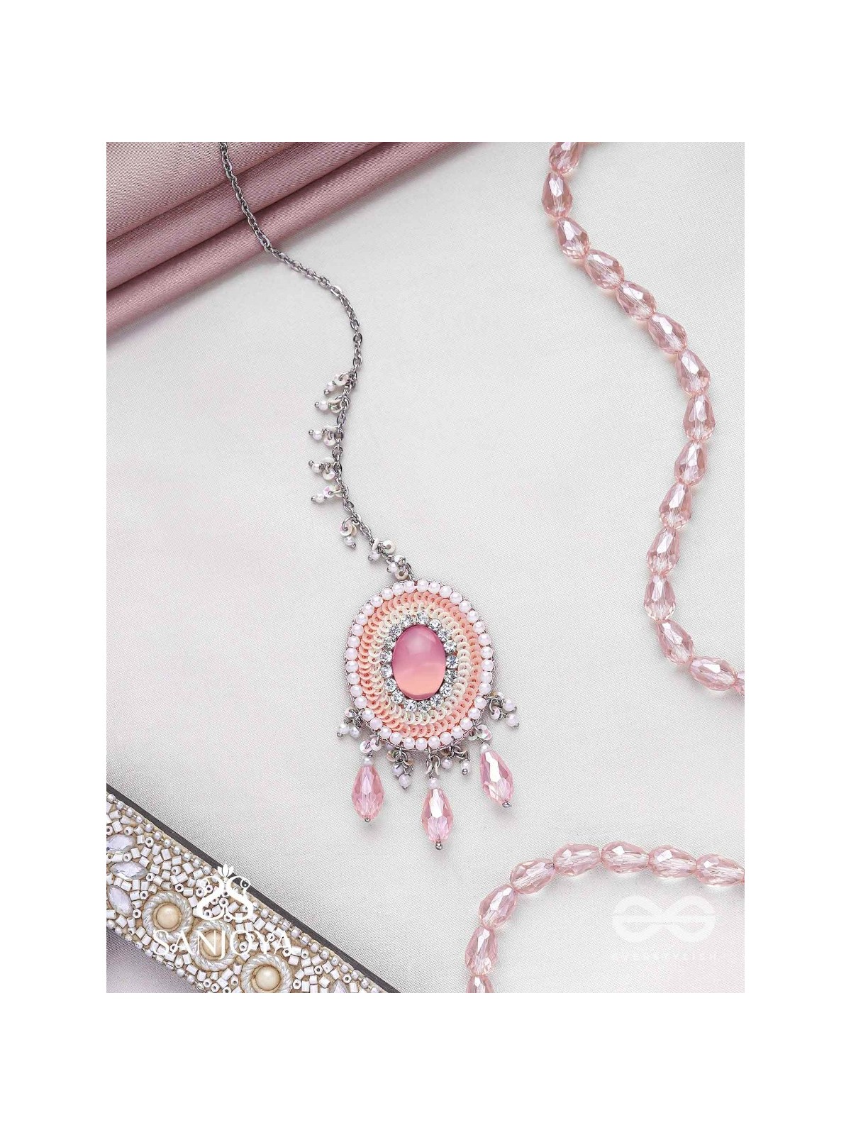 Alijihvika - The Sweet Mist - Stone, Sequins And Glass Drop Hand Embroidered Maangtika