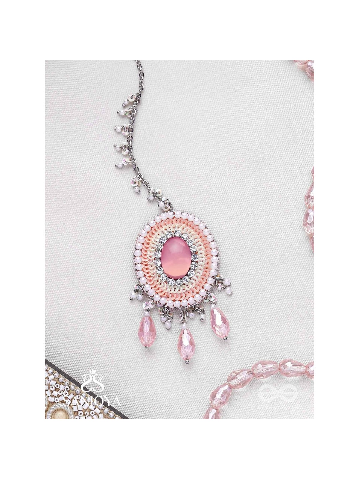 Alijihvika - The Sweet Mist - Stone, Sequins And Glass Drop Hand Embroidered Maangtika