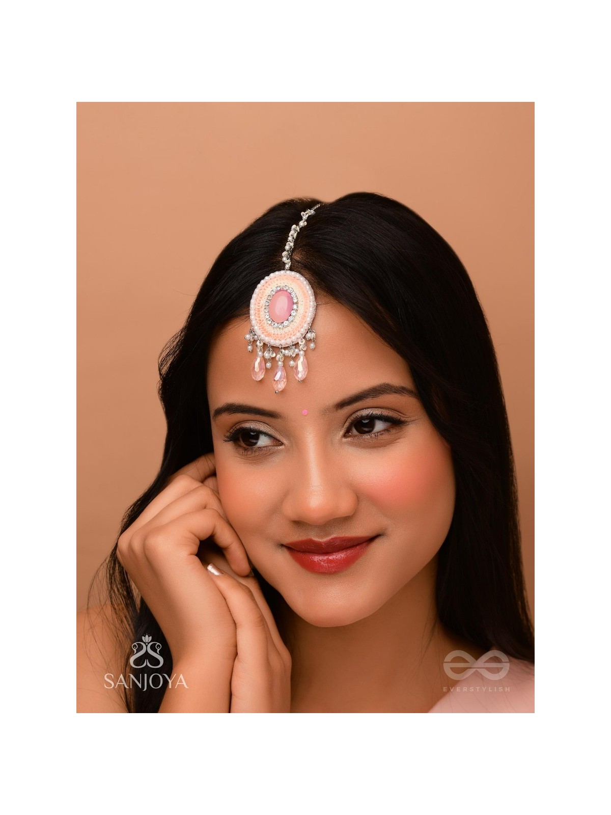 Alijihvika - The Sweet Mist - Stone, Sequins And Glass Drop Hand Embroidered Maangtika