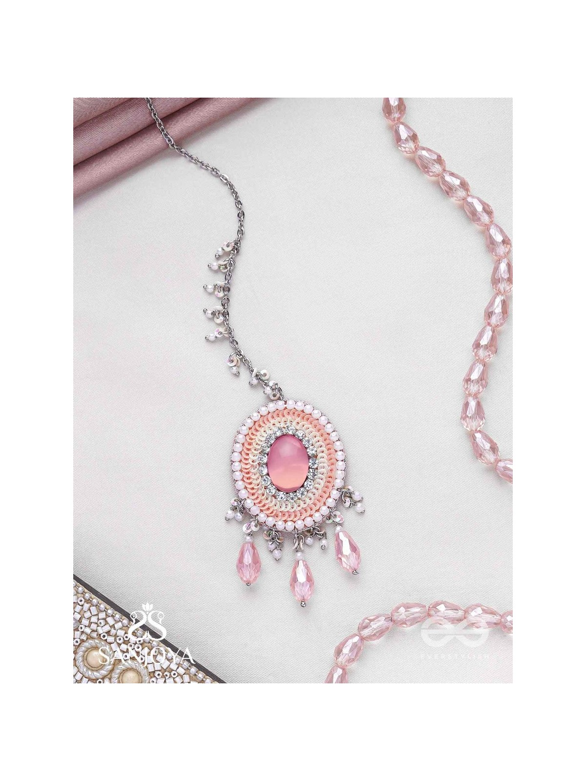 Alijihvika - The Sweet Mist - Stone, Sequins And Glass Drop Hand Embroidered Maangtika