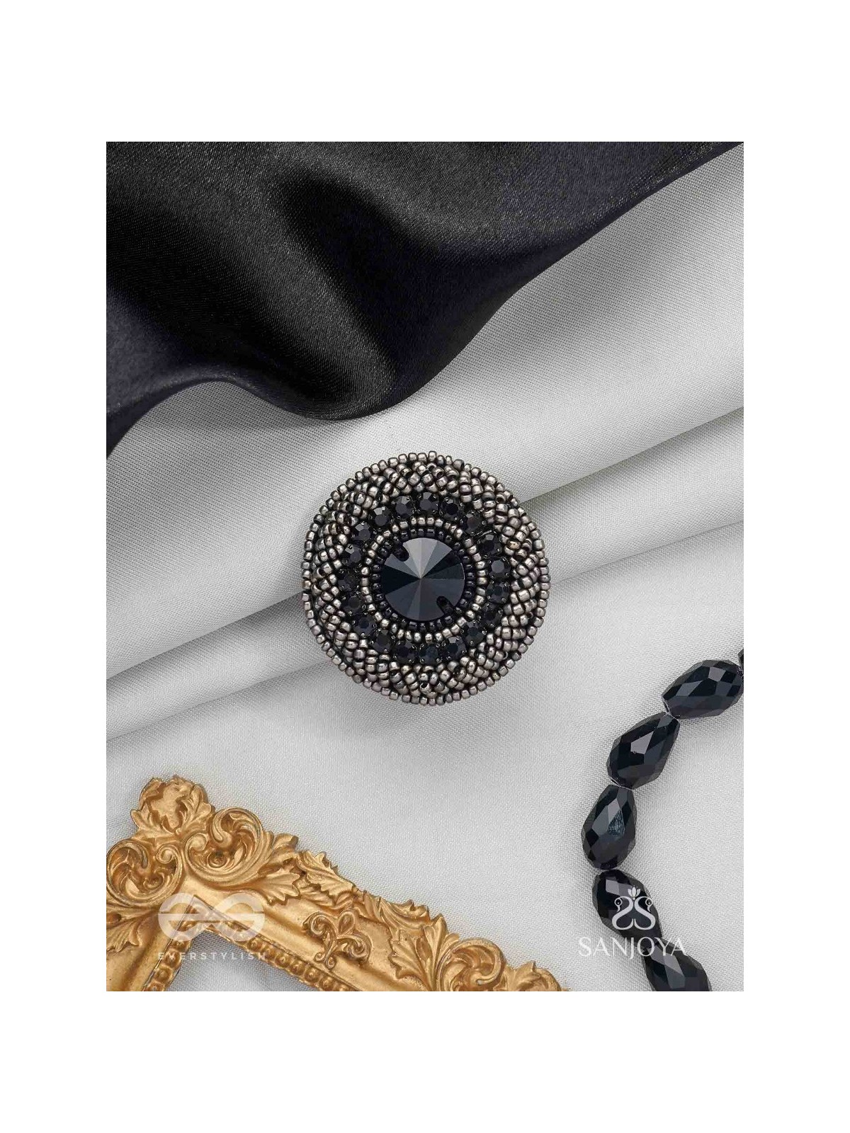 Amavasya - The New Moon Night - Stone And Beads Hand Embroidered Ring