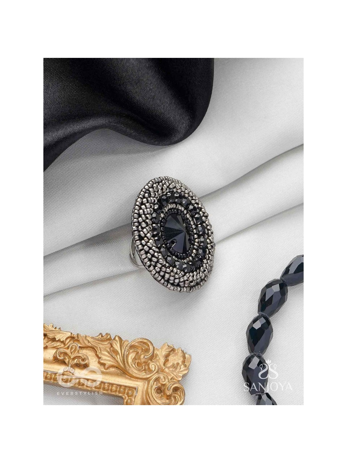 Amavasya - The New Moon Night - Stone And Beads Hand Embroidered Ring