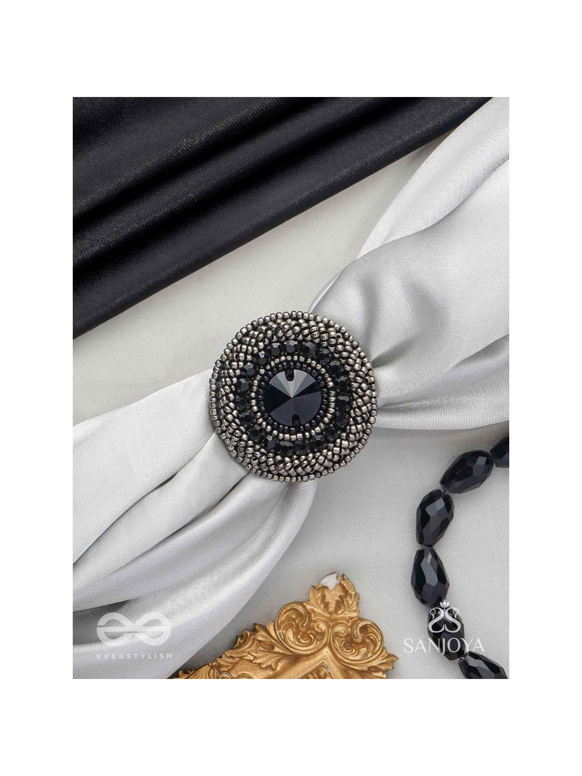 Amavasya - The New Moon Night - Stone And Beads Hand Embroidered Ring