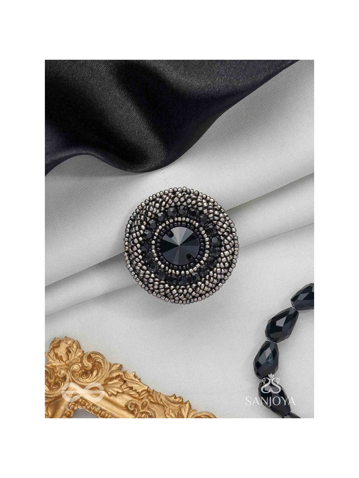 Amavasya - The New Moon Night - Stone And Beads Hand Embroidered Ring