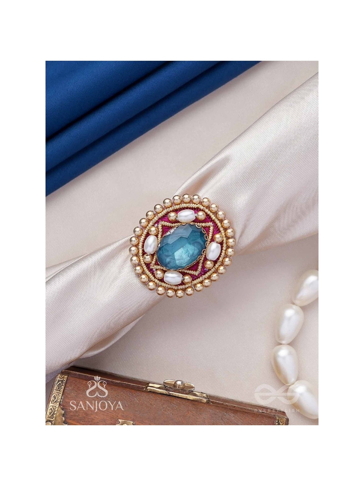Vaibhraja - Stellar Shimmer - Stone And Beads Hand Embroidered Ring (Adjustable)