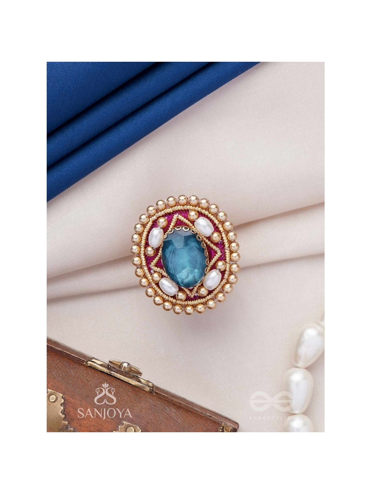 Vaibhraja - Stellar Shimmer - Stone And Beads Hand Embroidered Ring (Adjustable)