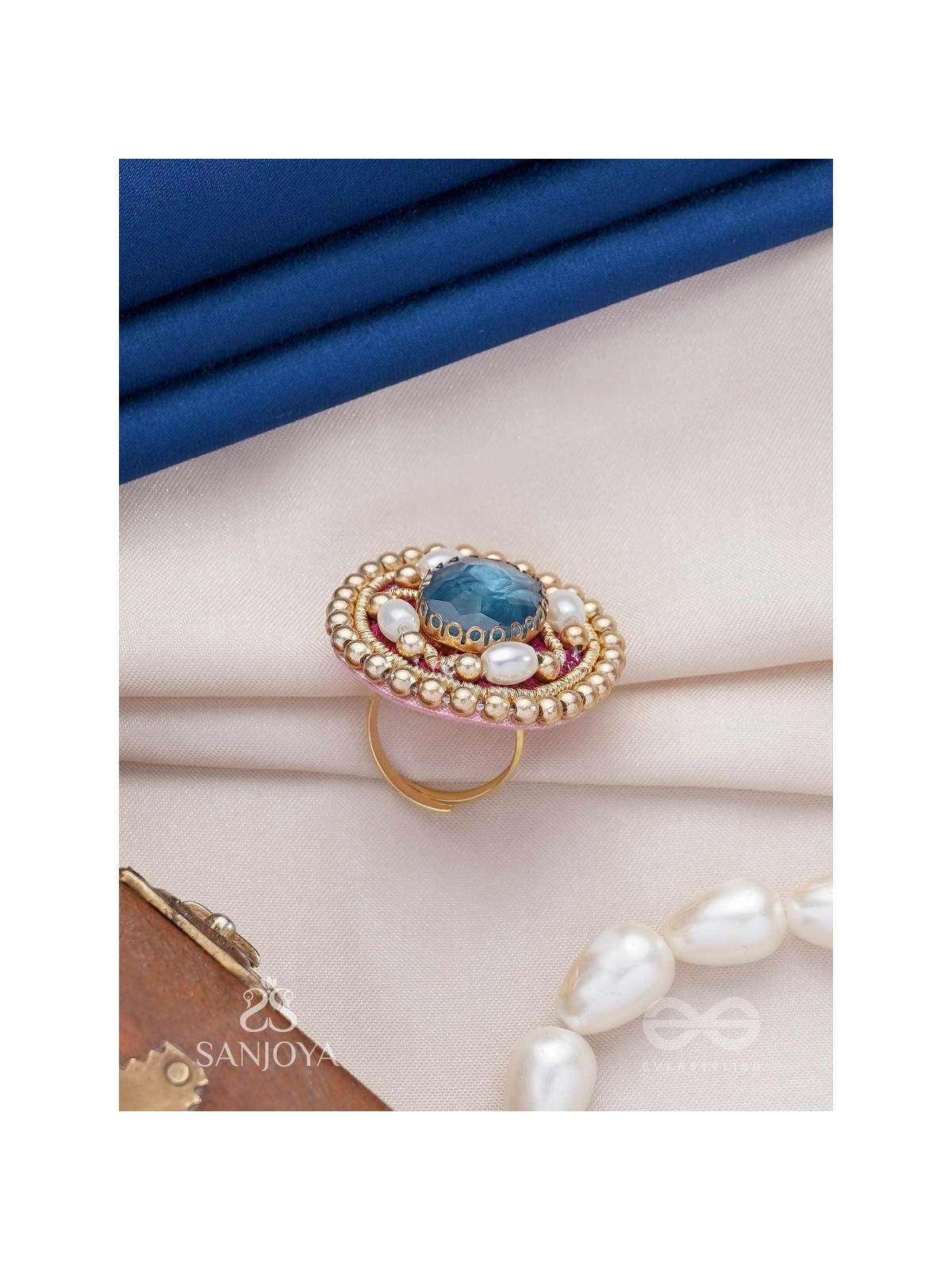 Vaibhraja - Stellar Shimmer - Stone And Beads Hand Embroidered Ring (Adjustable)