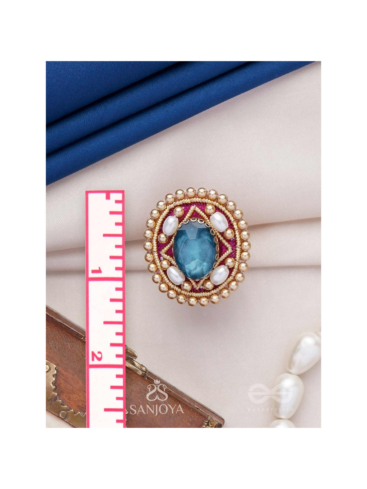 Vaibhraja - Stellar Shimmer - Stone And Beads Hand Embroidered Ring (Adjustable)