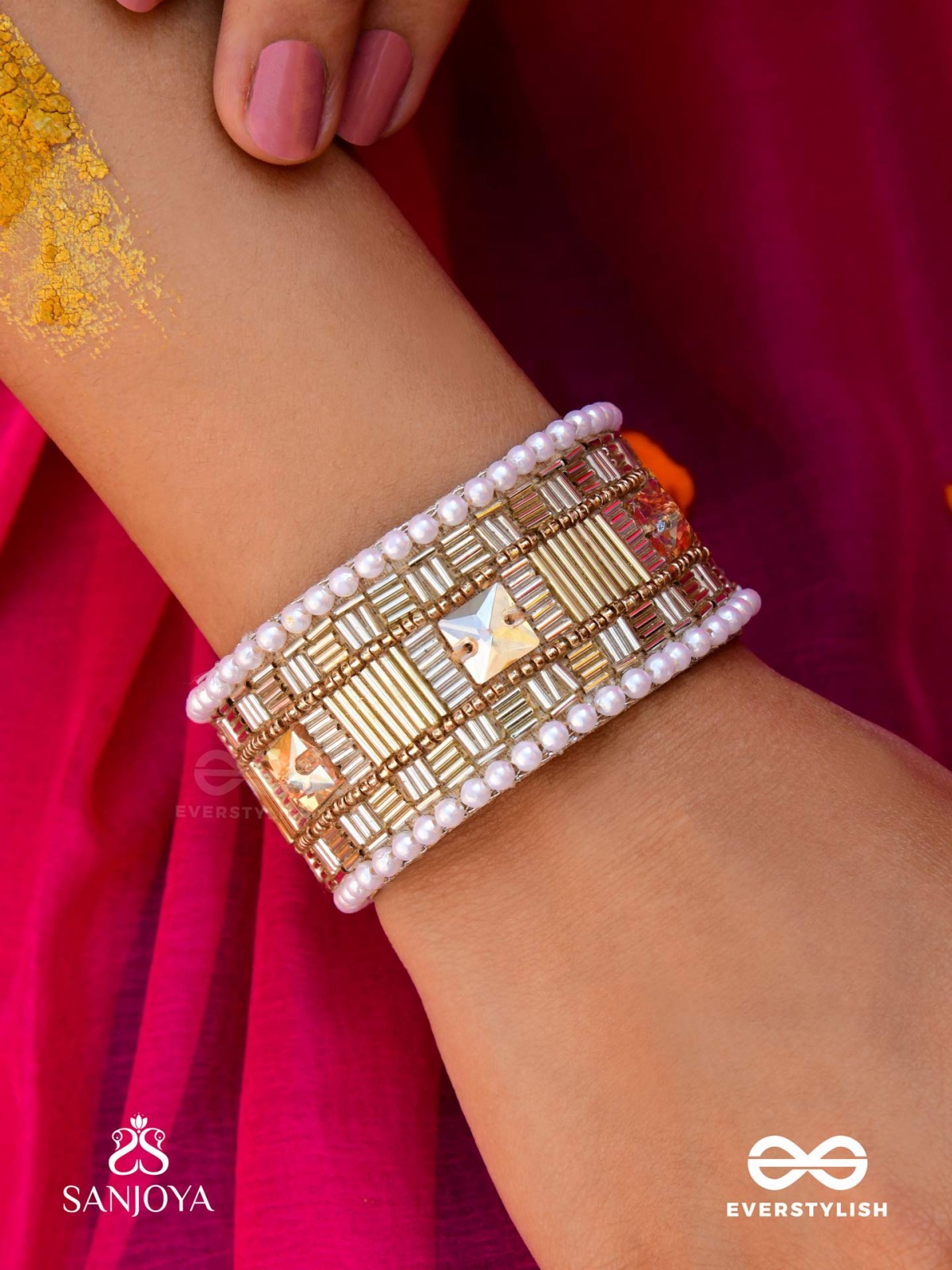 Sthagara - The Golden Hour - Stone, Cutdana And Beads Hand Embroidered Cuff Bracelet