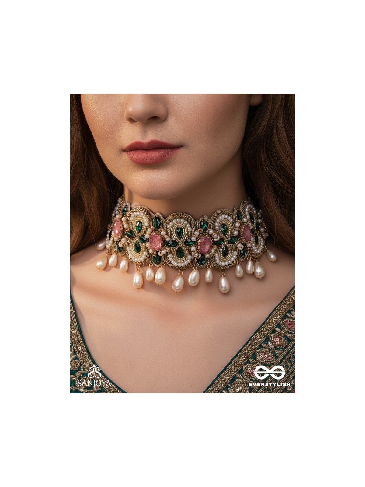 Nalikini - The Emerald Bloom - Stone, Beads And Pearl Drops Hand Embroidered Neckpiece