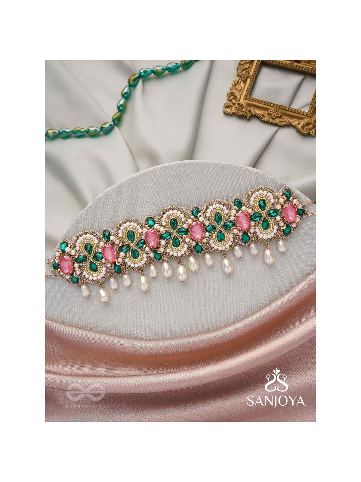 Nalikini - The Emerald Bloom - Stone, Beads And Pearl Drops Hand Embroidered Neckpiece