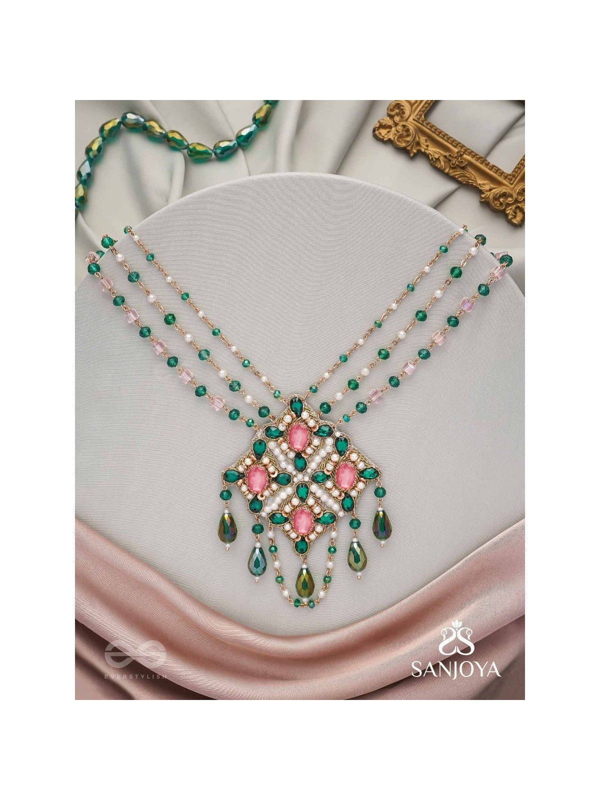 Grismapushpi - Blossoming In Summer - Stone, Beads, Pearls And Glass Drops Hand Embroidered Neckpiece