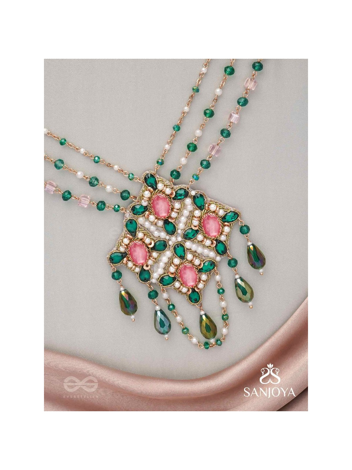 Grismapushpi - Blossoming In Summer - Stone, Beads, Pearls And Glass Drops Hand Embroidered Neckpiece