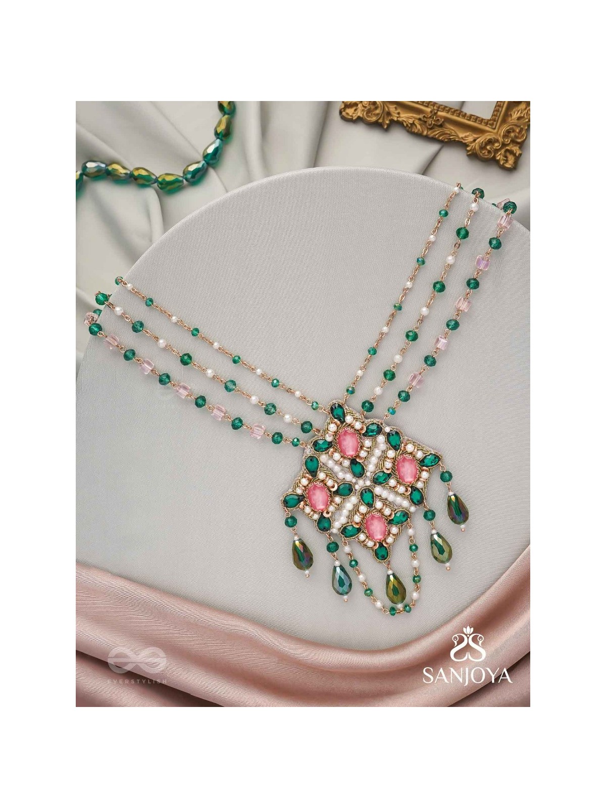 Grismapushpi - Blossoming In Summer - Stone, Beads, Pearls And Glass Drops Hand Embroidered Neckpiece