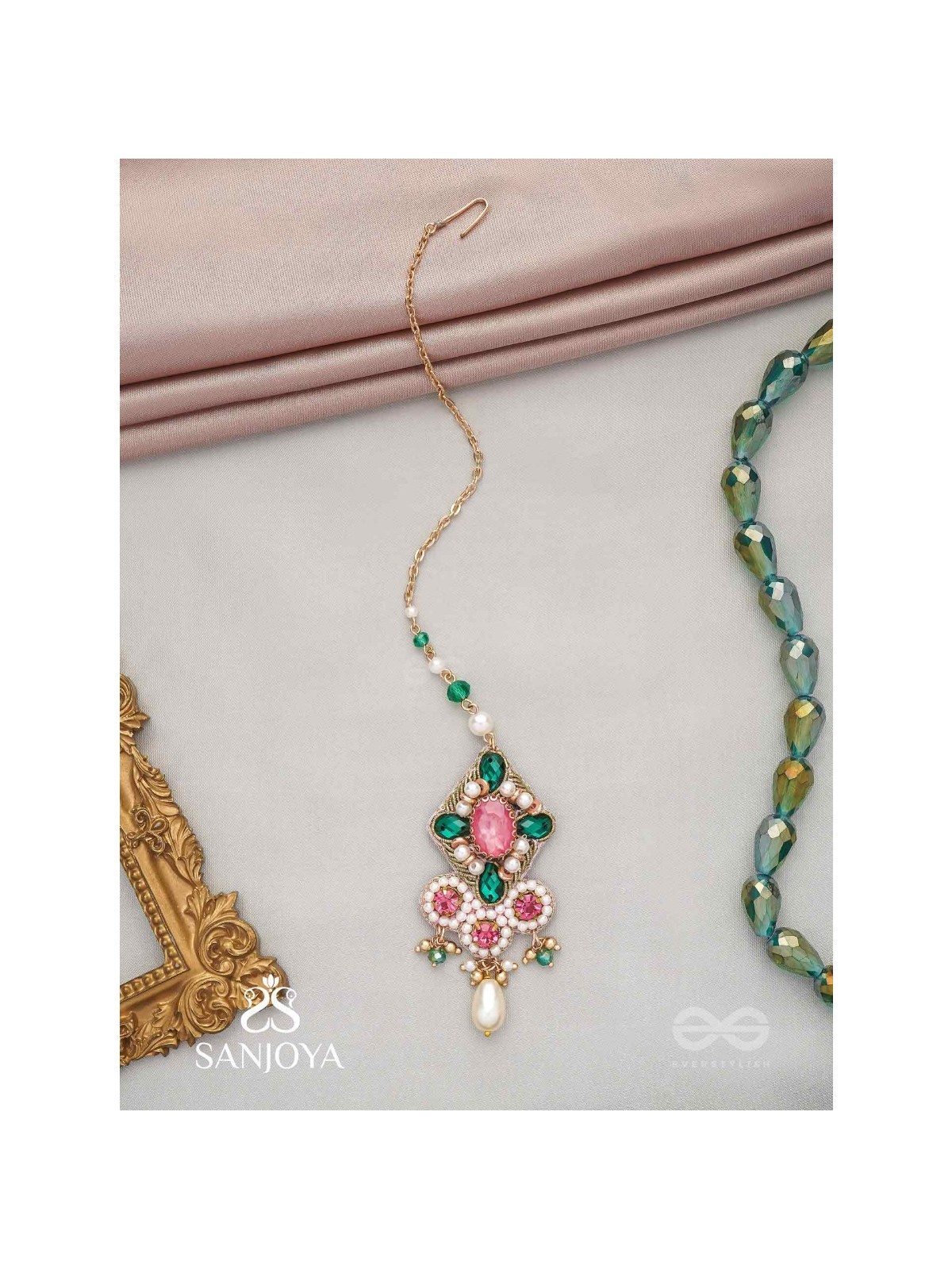 Tamravarna - The Paradise Petals - Stone, Beads And Pearls Hand Embroidered Maangtika