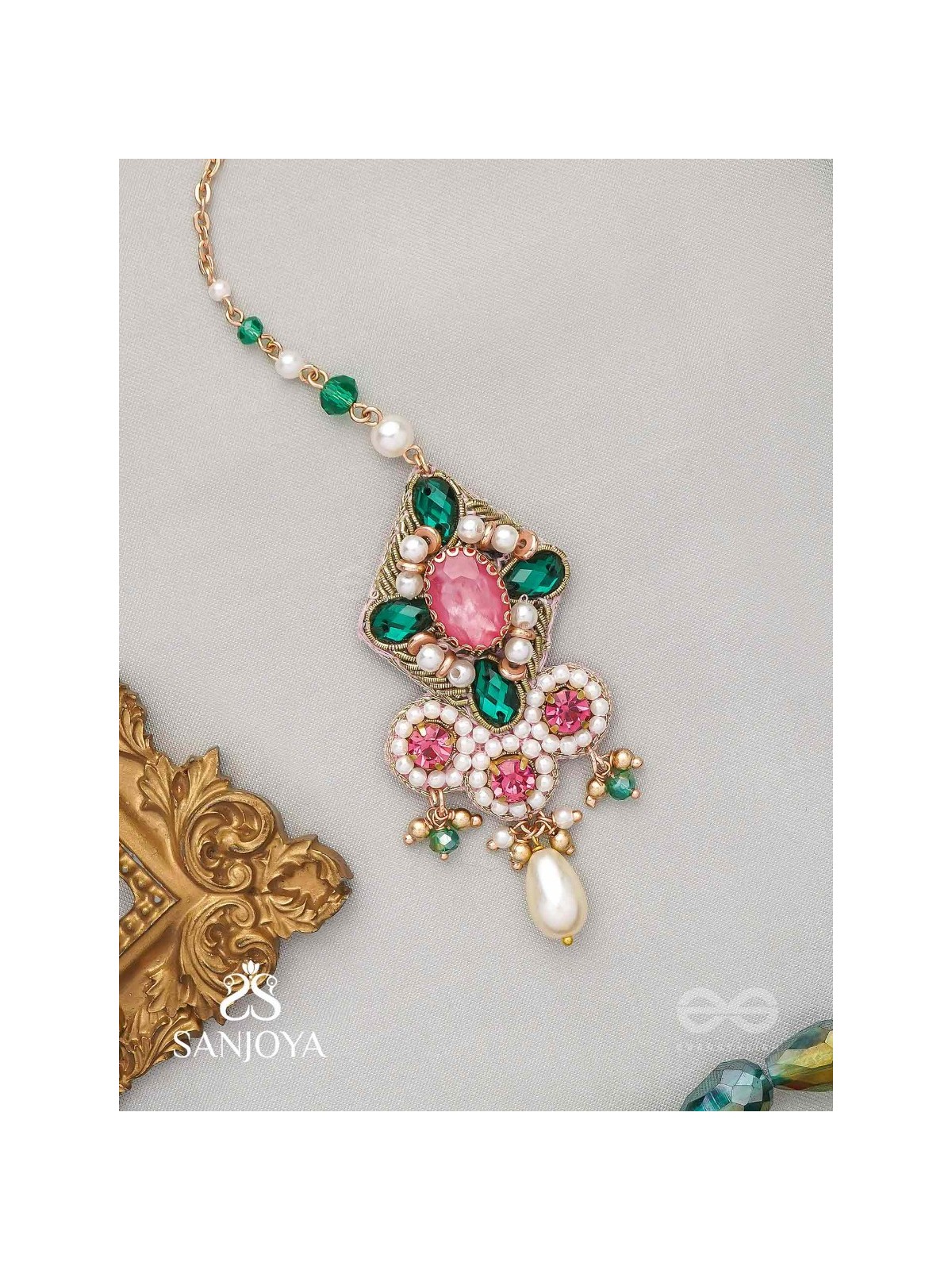 Tamravarna - The Paradise Petals - Stone, Beads And Pearls Hand Embroidered Maangtika
