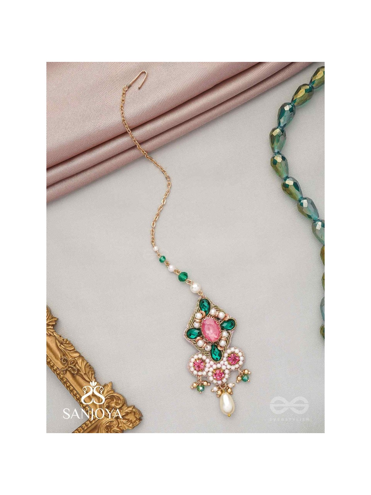 Tamravarna - The Paradise Petals - Stone, Beads And Pearls Hand Embroidered Maangtika