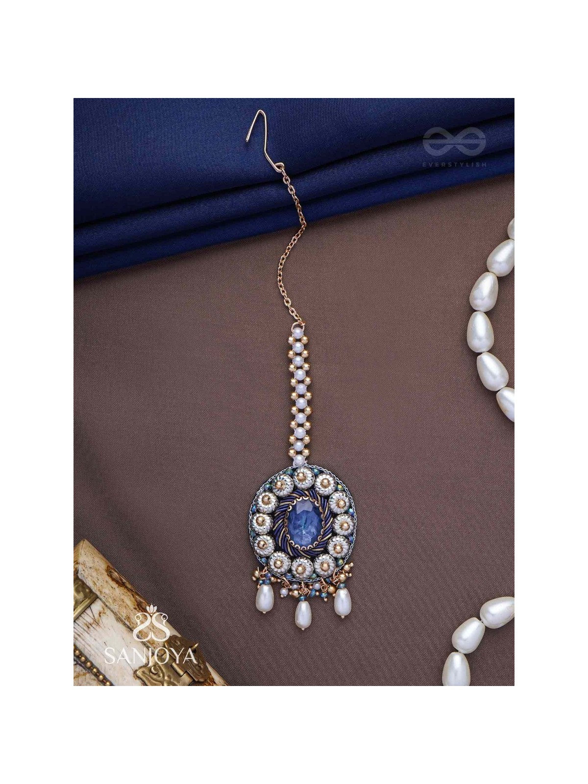 Adhilokam- The Neptune Goddess- Stone, Beads And Pearl Drops Hand Embroidered Maangtika