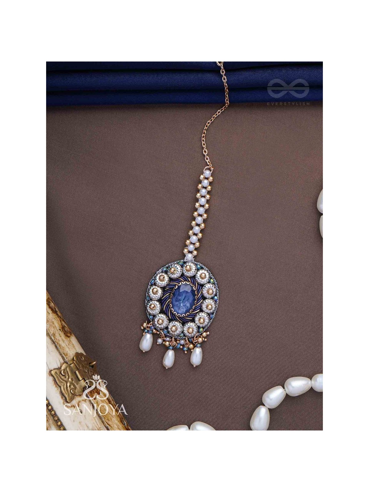 Adhilokam- The Neptune Goddess- Stone, Beads And Pearl Drops Hand Embroidered Maangtika