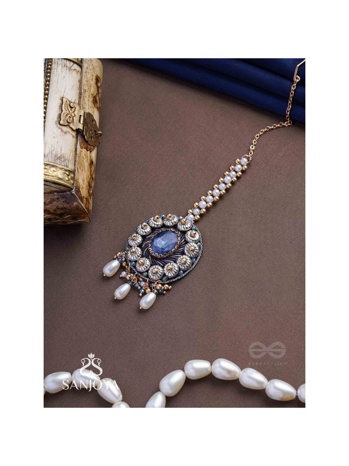 Adhilokam- The Neptune Goddess- Stone, Beads And Pearl Drops Hand Embroidered Maangtika