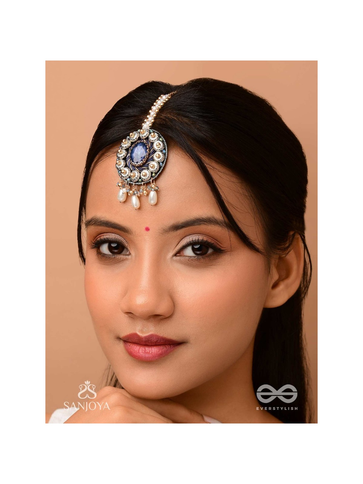 Adhilokam- The Neptune Goddess- Stone, Beads And Pearl Drops Hand Embroidered Maangtika