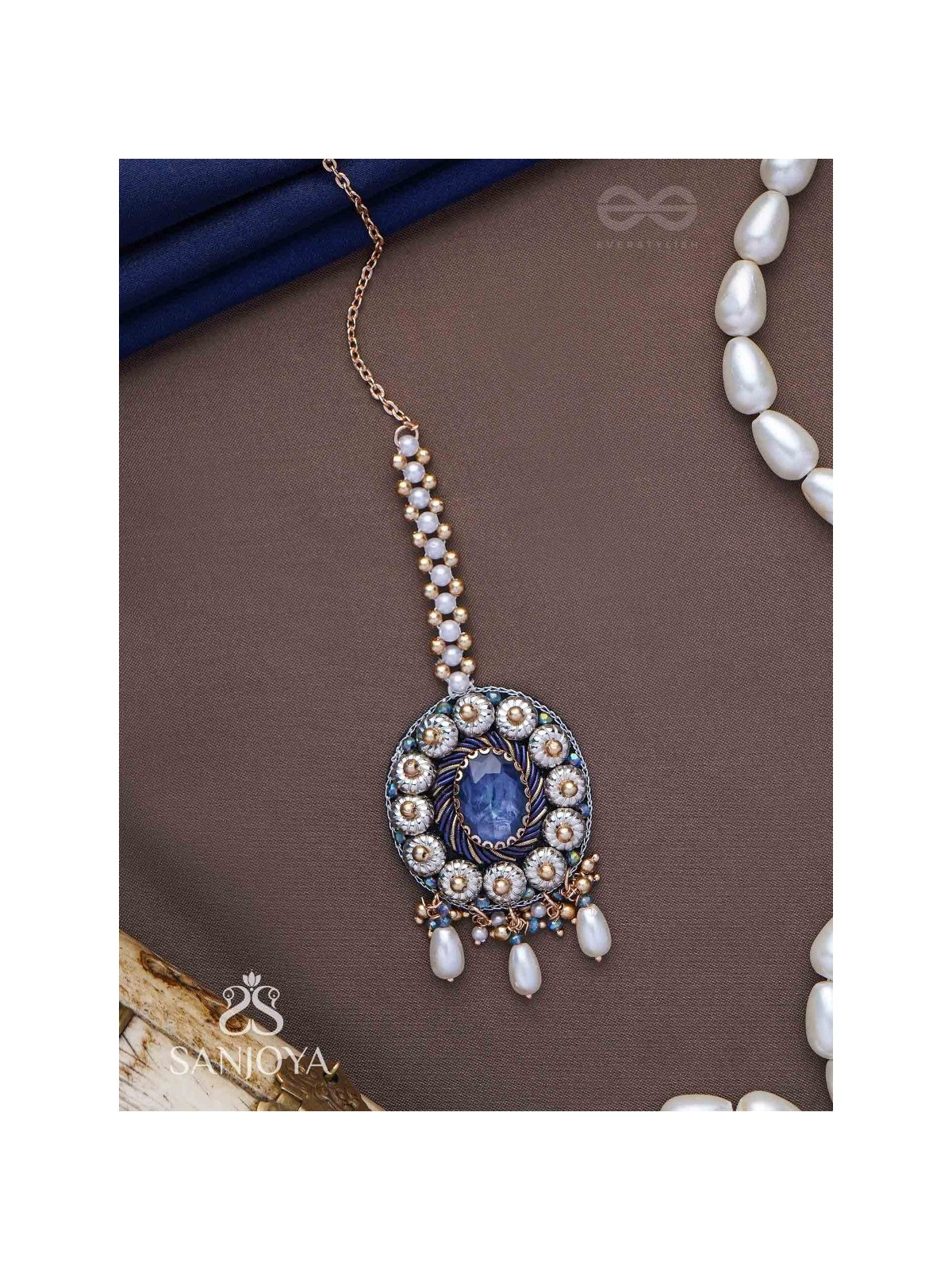 Adhilokam- The Neptune Goddess- Stone, Beads And Pearl Drops Hand Embroidered Maangtika