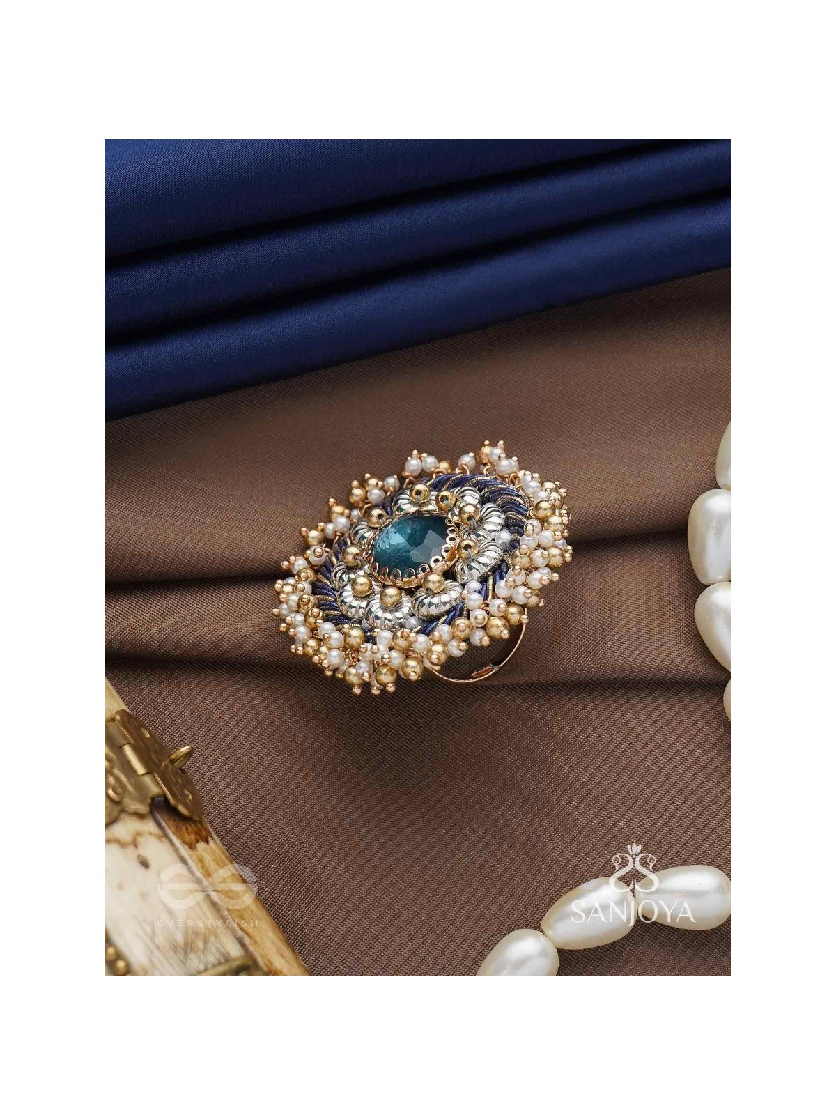 Rajiva - Deep Sea Dream - Stone And Beads Hand Embroidered Ring