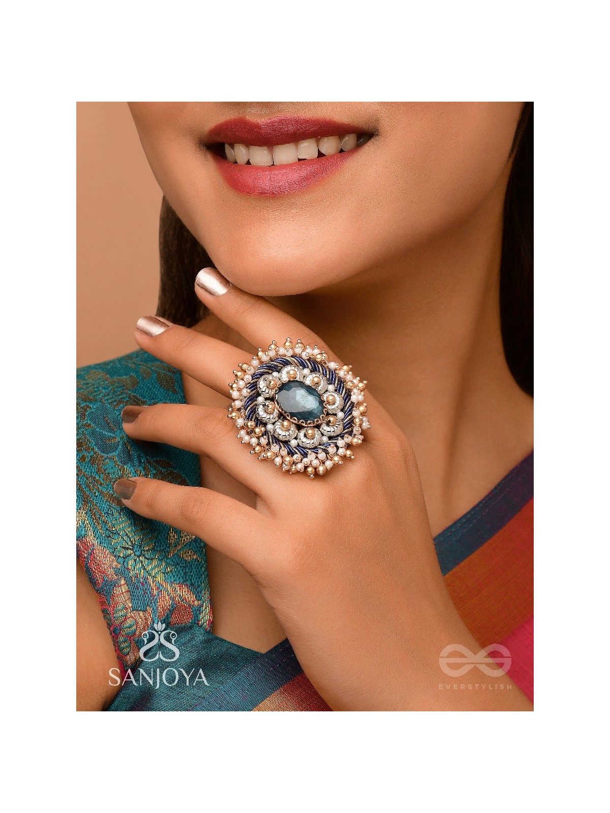 Rajiva - Deep Sea Dream - Stone And Beads Hand Embroidered Ring