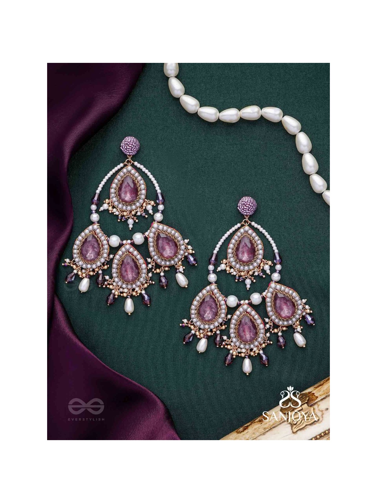 Viruda - Blushing Majesty - Stone And Beads Hand Embroidered Earrings