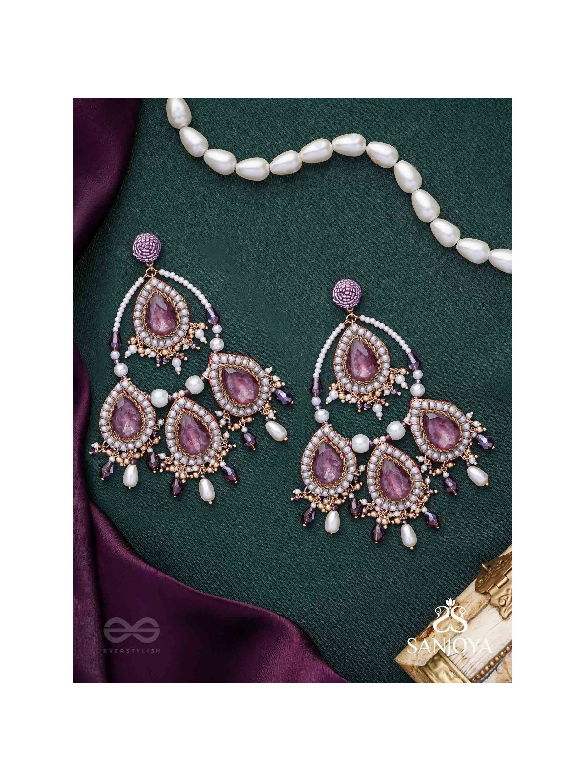 Viruda - Blushing Majesty - Stone And Beads Hand Embroidered Earrings
