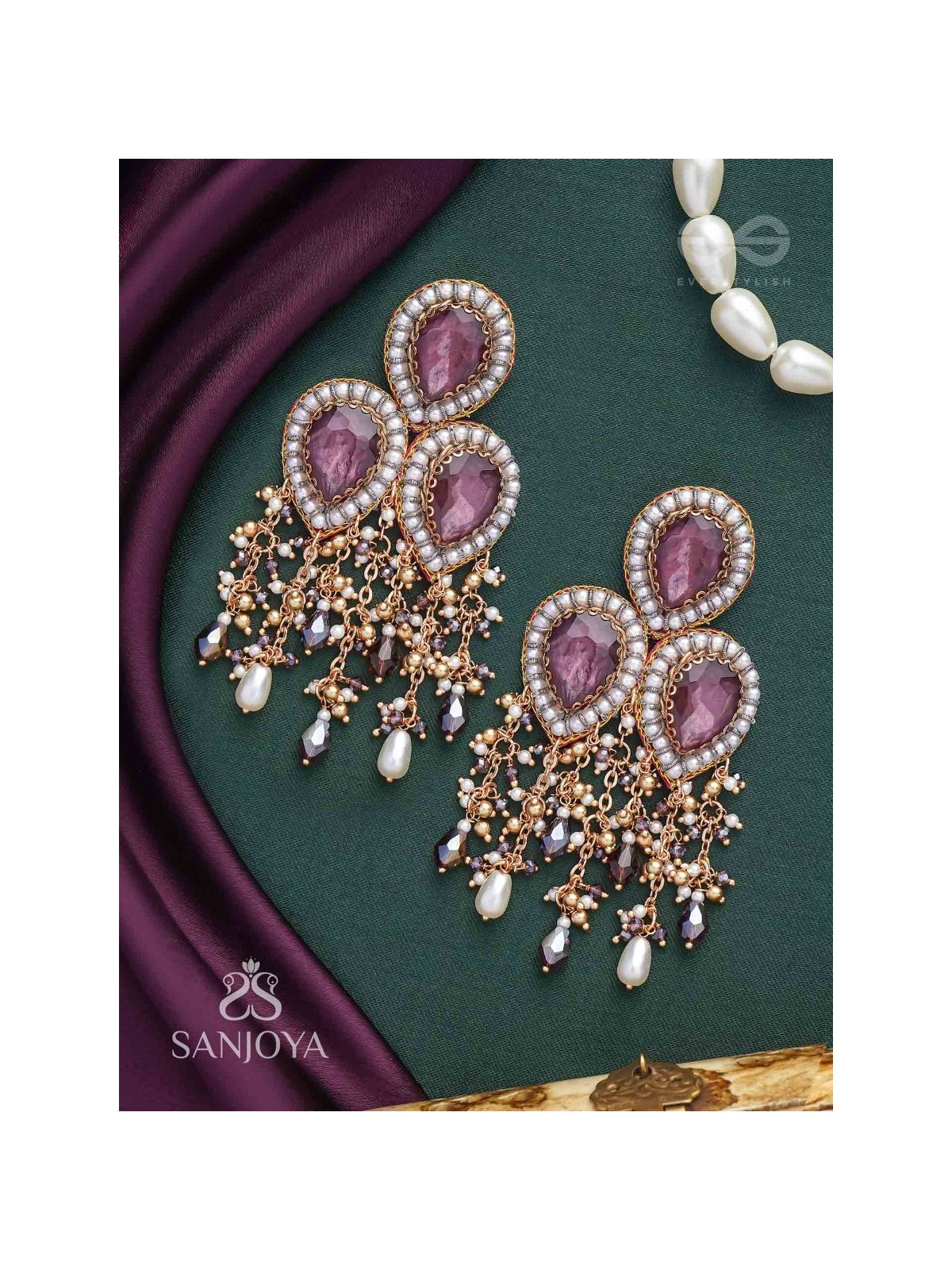 Anukrus - The Rosy Rain - Stone And Beads Hand Embroidered Earrings