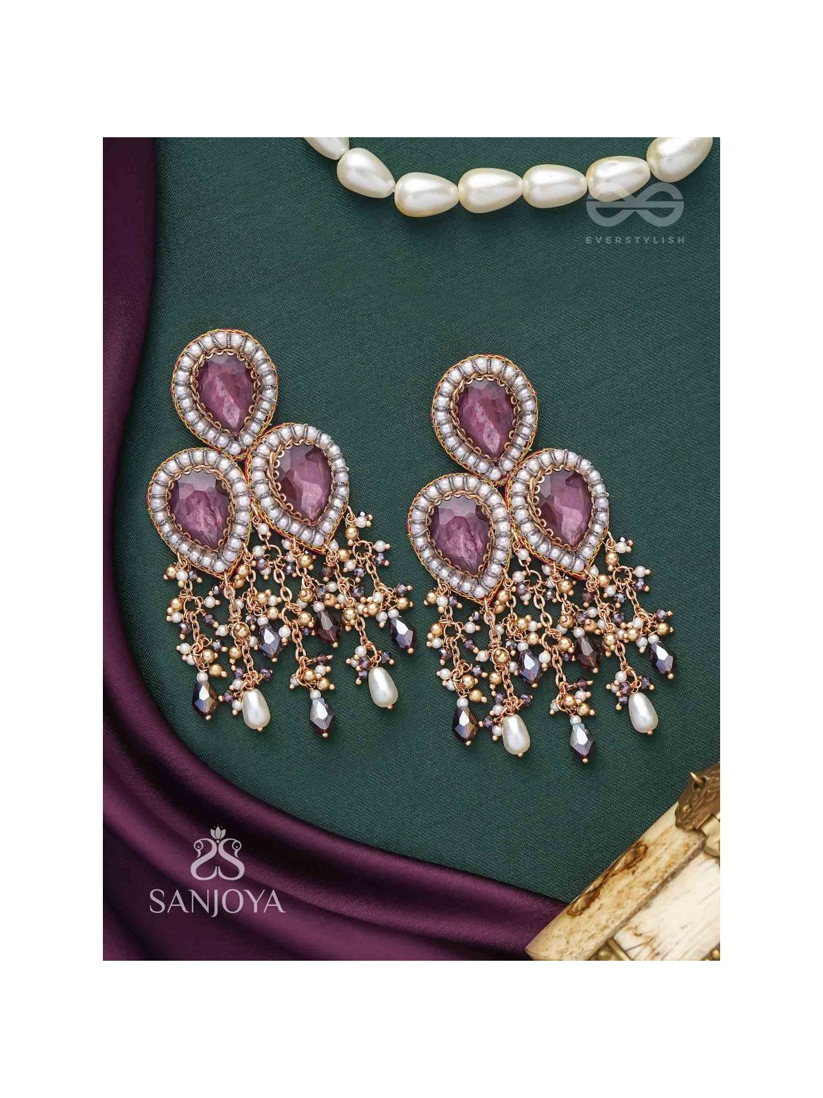 Anukrus - The Rosy Rain - Stone And Beads Hand Embroidered Earrings