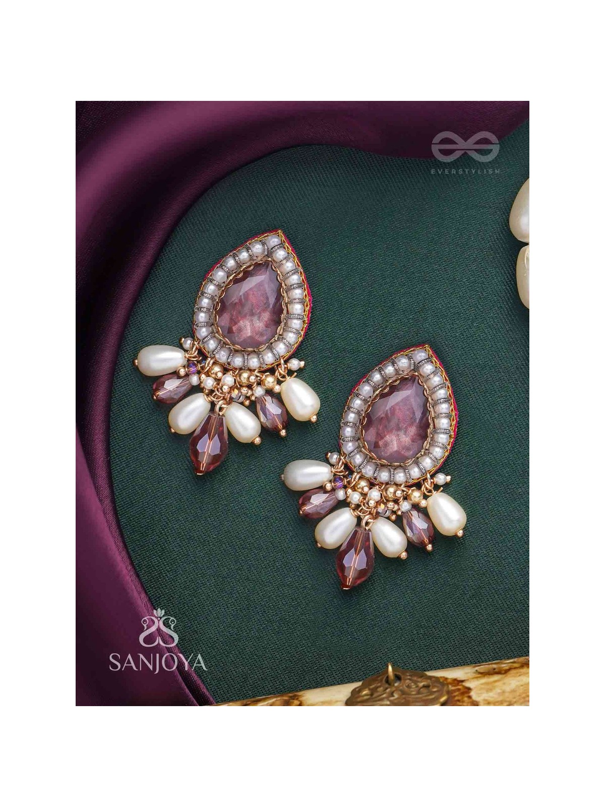 Atyala - The Rosy Raindrop - Stone, Beads And Glass Drop Hand Embroidered Earrings