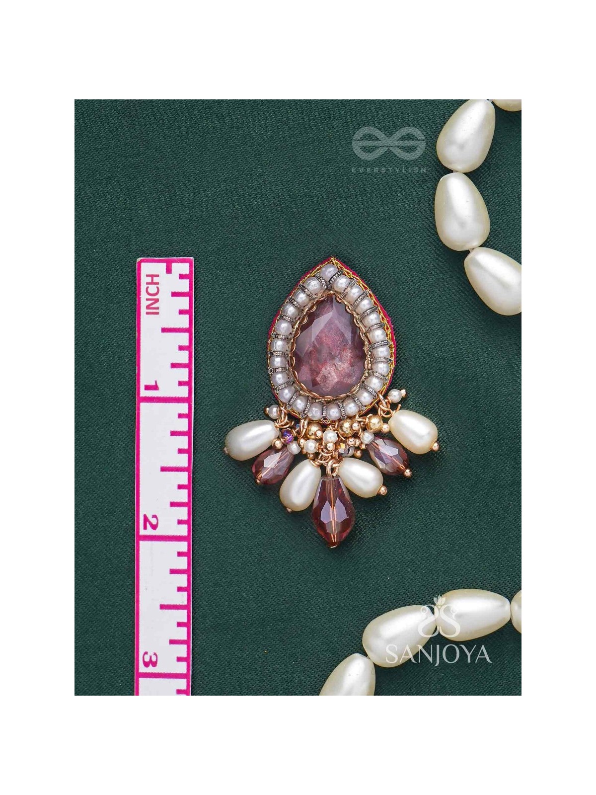 Atyala - The Rosy Raindrop - Stone, Beads And Glass Drop Hand Embroidered Earrings