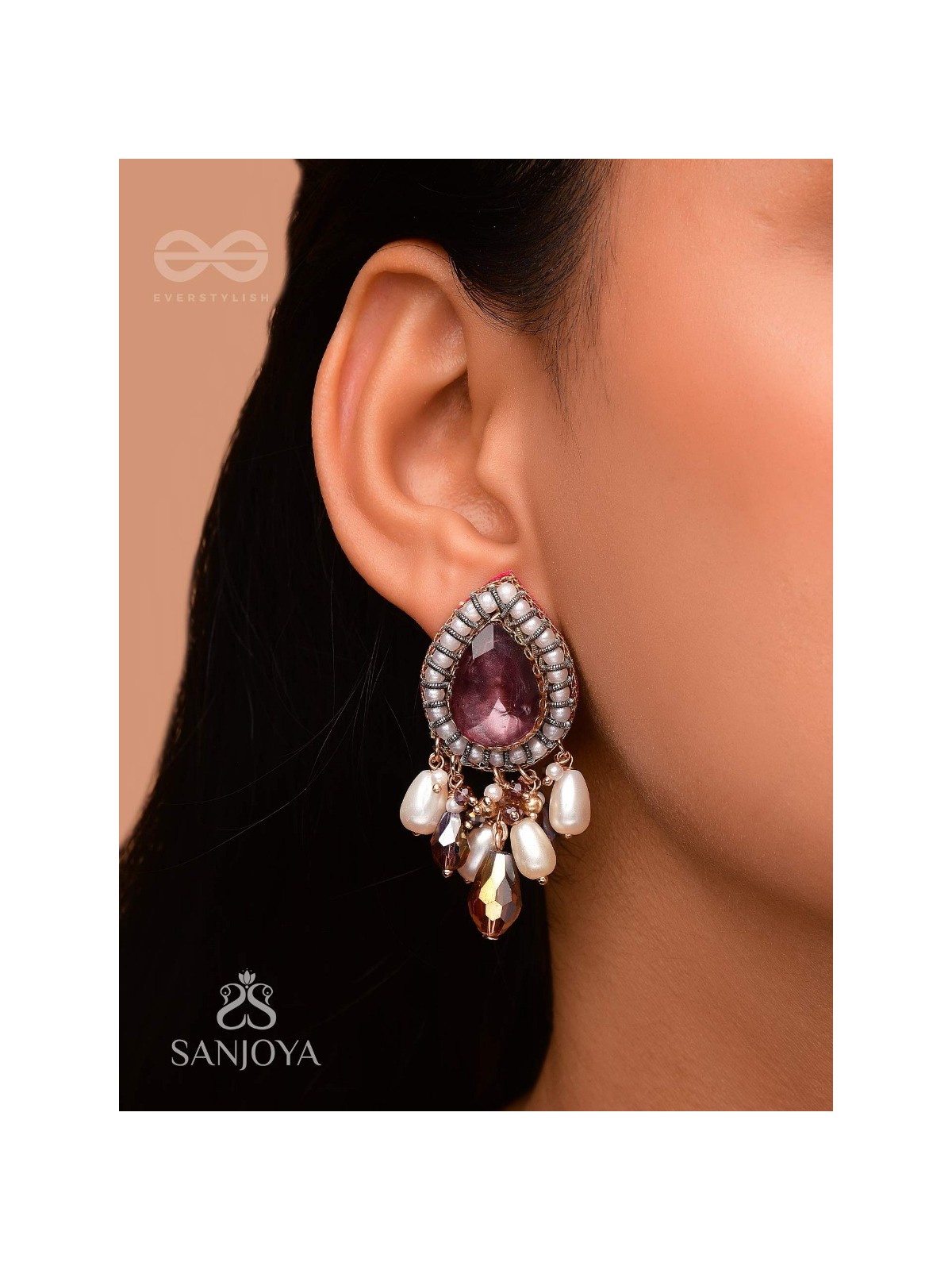 Atyala - The Rosy Raindrop - Stone, Beads And Glass Drop Hand Embroidered Earrings