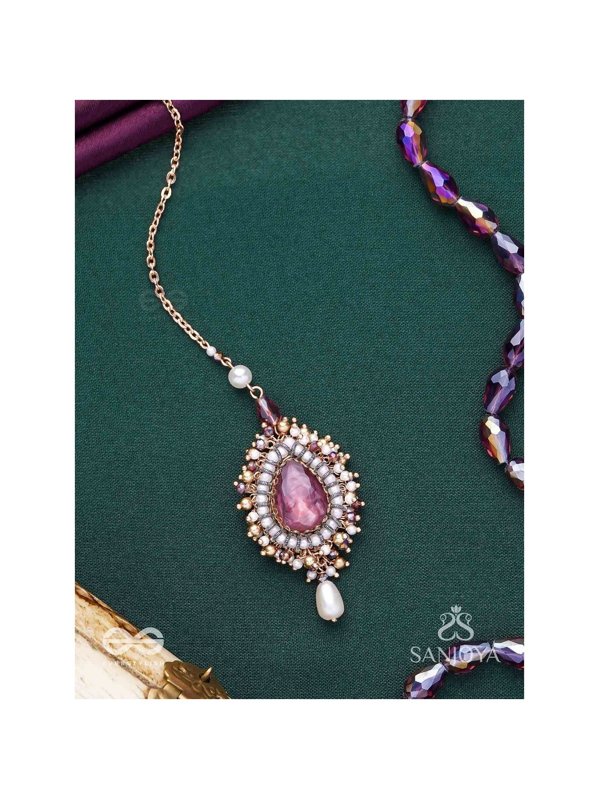 Asyama - The Violet Veil - Beads, Pearl And Stone Hand Embroidered Maangtika 
