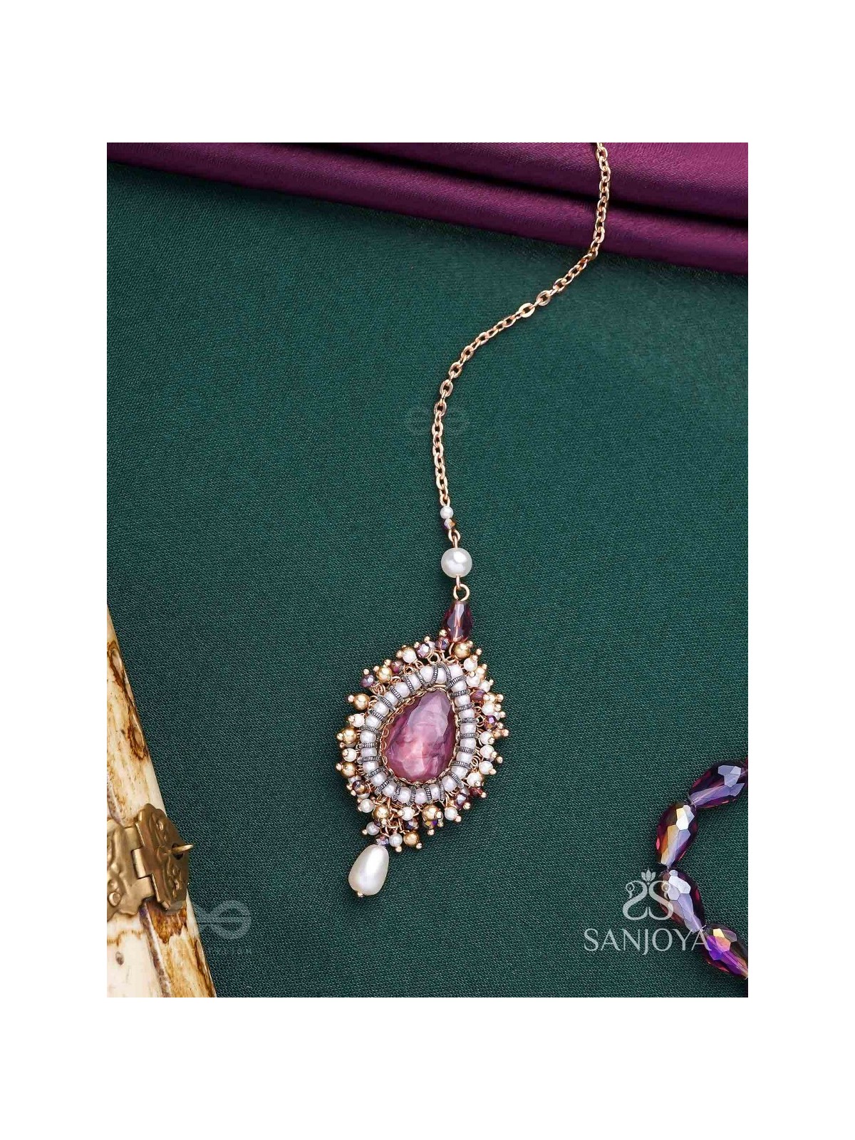 Asyama - The Violet Veil - Beads, Pearl And Stone Hand Embroidered Maangtika 