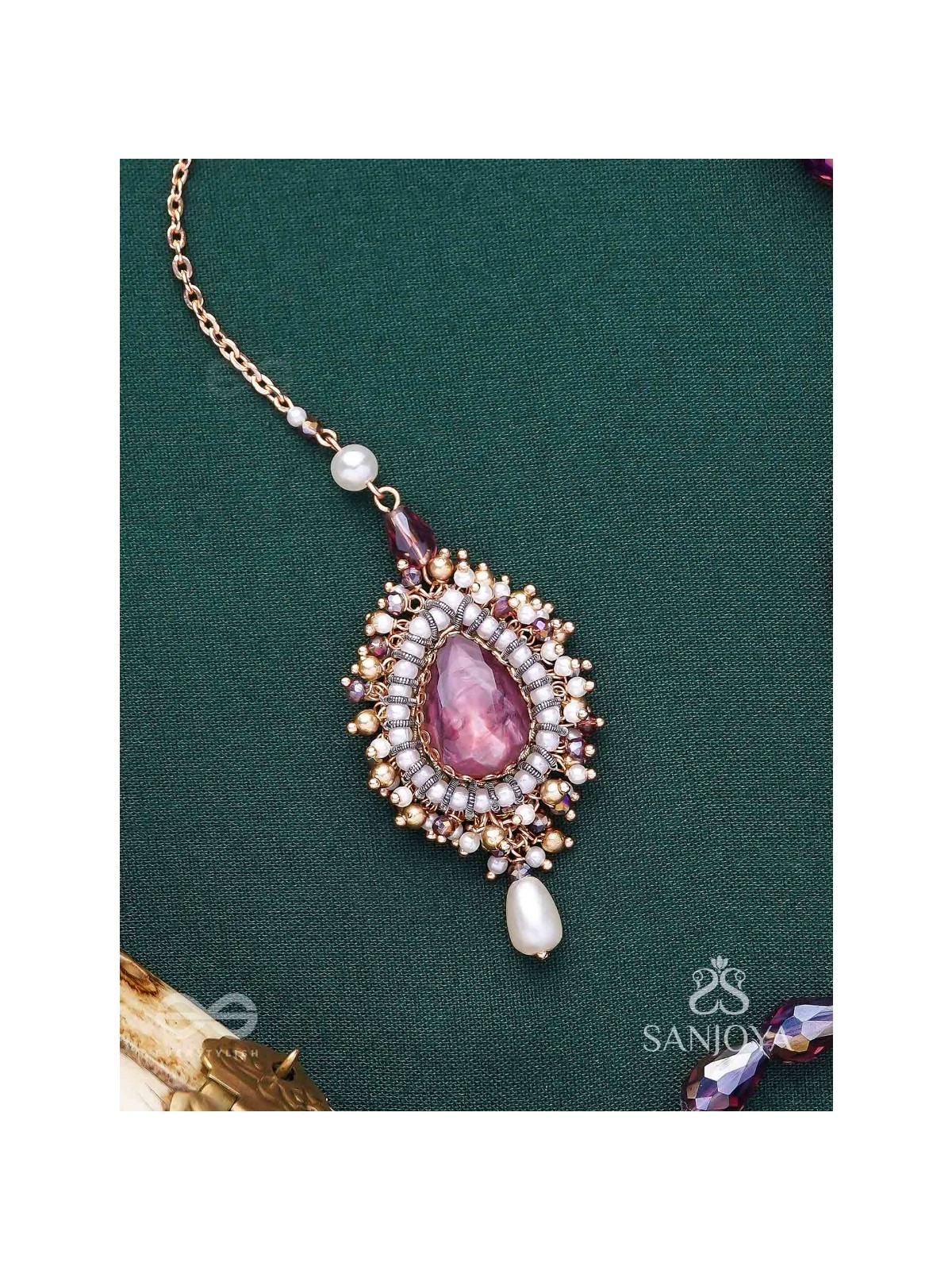 Asyama - The Violet Veil - Beads, Pearl And Stone Hand Embroidered Maangtika 